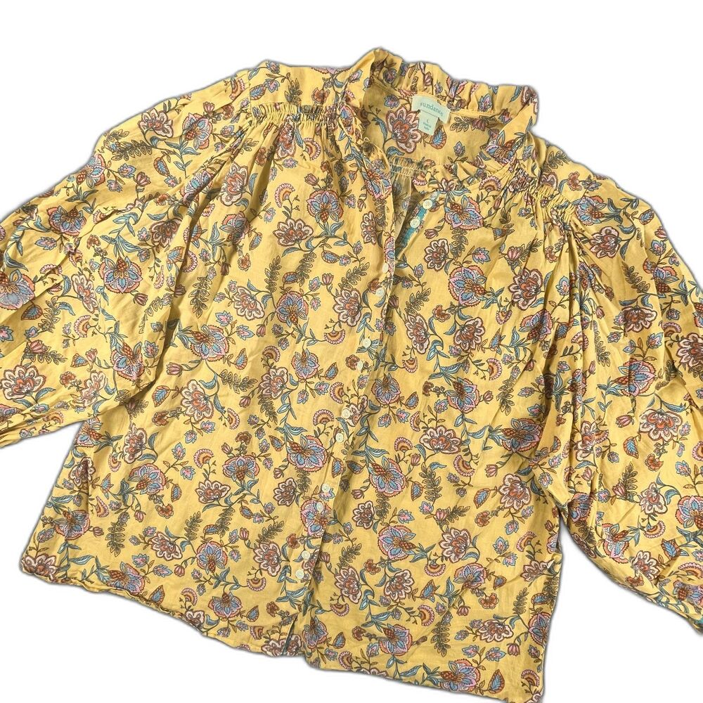 Sundance Floral Cotton Prairie Blouse L Yellow Ruffle Balloon Sleeve Peasant Top
